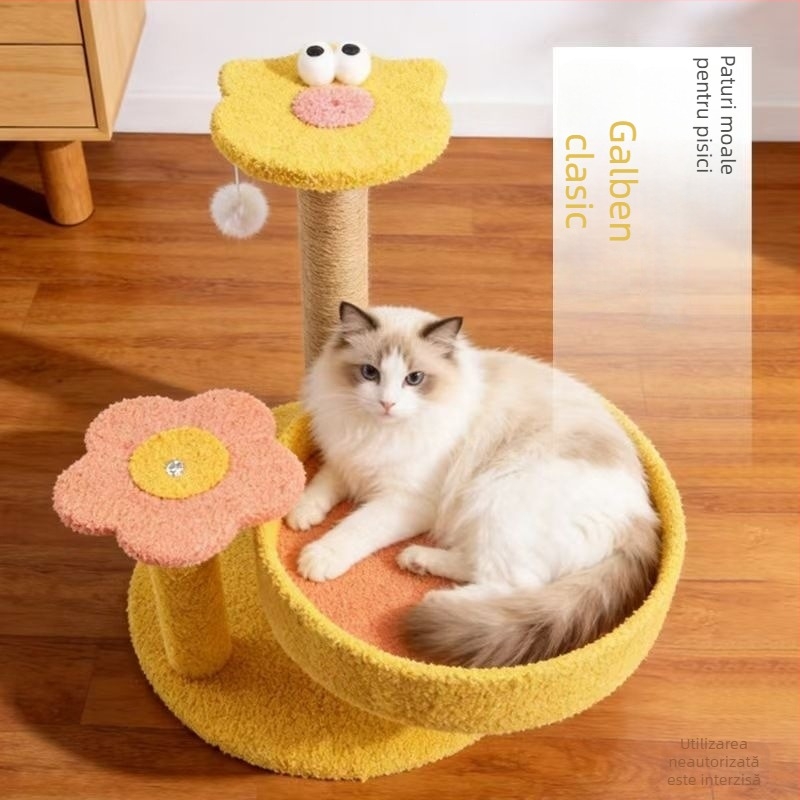 Cadru compact de cățărare pentru pisici, all-in-one, cu plăcuță pentru zgâriet și casă de pisici, frânghie de cânepă durabilă pentru zgâriet, pentru toate anotimpurile
