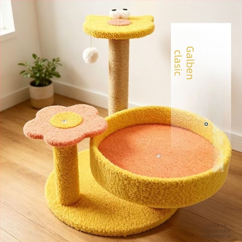 Cadru compact de cățărare pentru pisici, all-in-one, cu plăcuță pentru zgâriet și casă de pisici, frânghie de cânepă durabilă pentru zgâriet, pentru toate anotimpurile