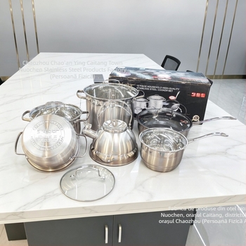 Set de 12 piese vase din oțel inoxidabil: ceainic, oală de lapte, oale de supă și tigaie antiaderentă — oțel inoxidabil 201, fund cu șapte straturi, capace din sticlă, set cadou, compatibil cu toate plitele