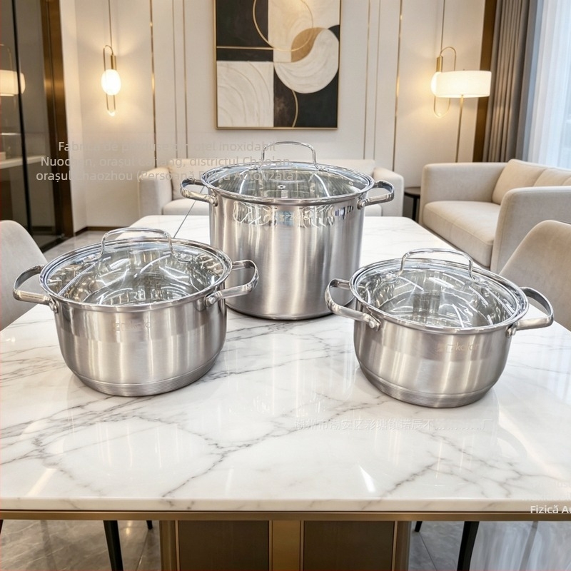 Set de 12 piese vase din oțel inoxidabil: ceainic, oală de lapte, oale de supă și tigaie antiaderentă — oțel inoxidabil 201, fund cu șapte straturi, capace din sticlă, set cadou, compatibil cu toate plitele