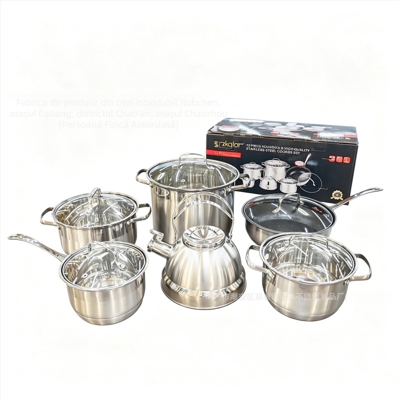Set de 12 piese vase din oțel inoxidabil: ceainic, oală de lapte, oale de supă și tigaie antiaderentă — oțel inoxidabil 201, fund cu șapte straturi, capace din sticlă, set cadou, compatibil cu toate plitele