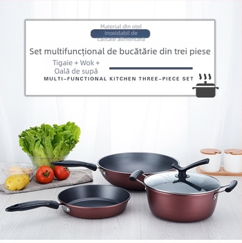 Set din oțel inoxidabil, 3 piese: wok 32 cm, tigaie 24 cm, oală 24 cm, capace de sticlă