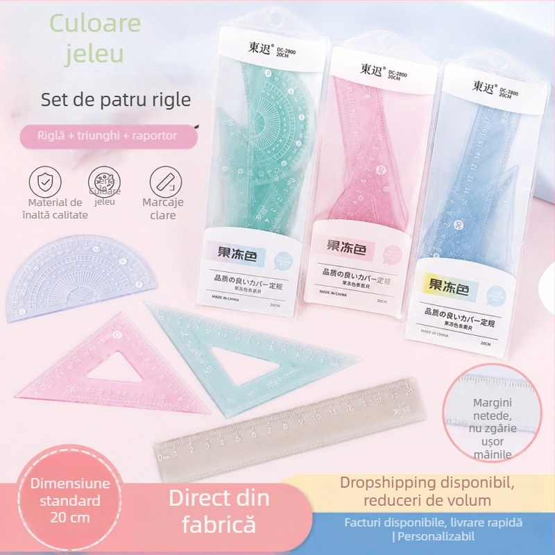 Set de patru rigle de 20 cm, în culori jeleu, pentru elevi