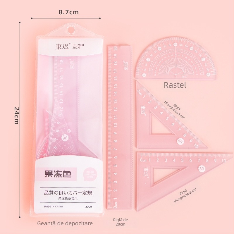 Set de patru rigle de 20 cm, în culori jeleu, pentru elevi