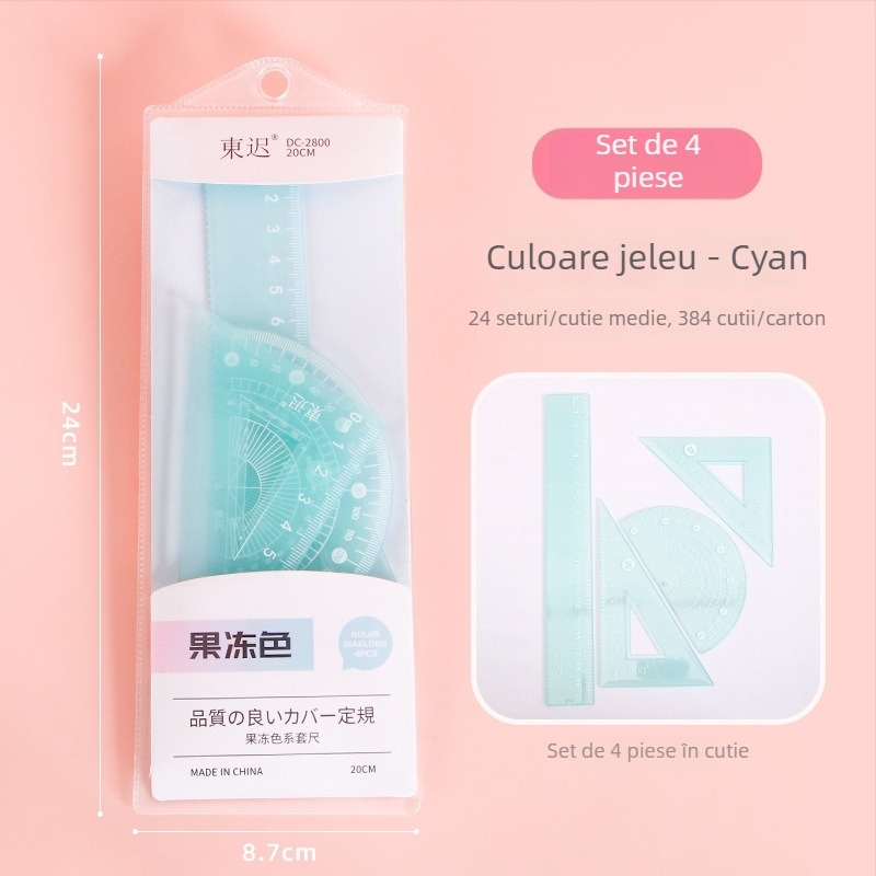Set de patru rigle de 20 cm, în culori jeleu, pentru elevi