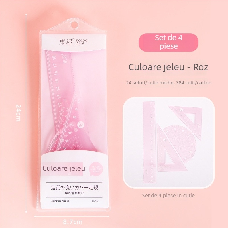 Set de patru rigle de 20 cm, în culori jeleu, pentru elevi