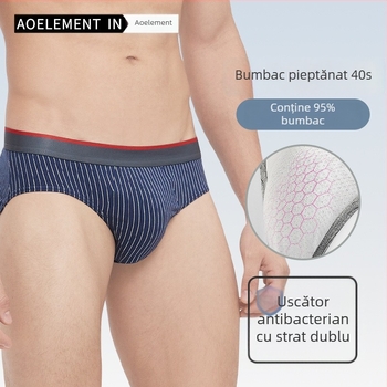 Chiloți bărbați din bumbac antibacterian, design în dungi, talie medie, lenjerie sport ușoară pentru vară