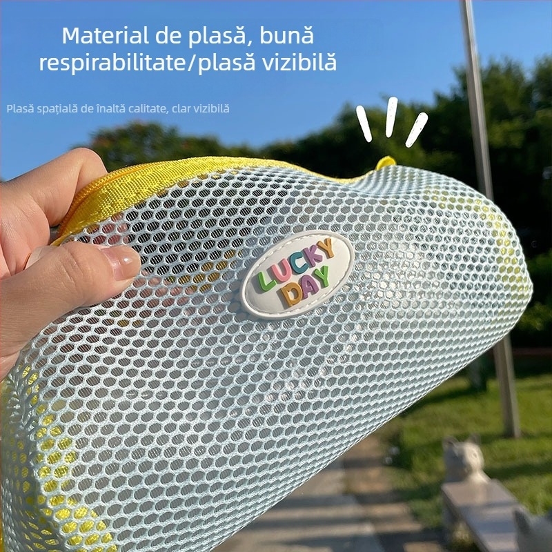 Penar din plasă colorat, transparent, cu deschidere lată și capacitate mare, organizator portabil pentru rechizite școlare
