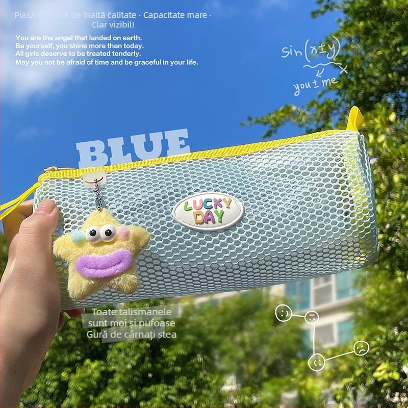 Penar din plasă colorat, transparent, cu deschidere lată și capacitate mare, organizator portabil pentru rechizite școlare