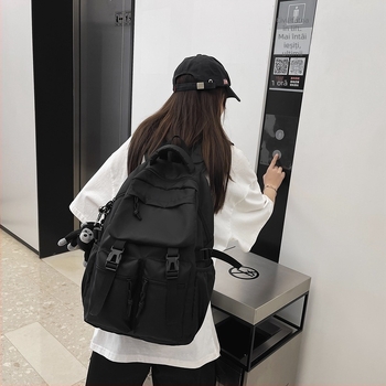 Rucsac din nylon, unisex, inspirat Harajuku Ulzzang, negru, stil street, 20–35 L, compatibil cu laptop de 16 inchi, utilizare zilnică