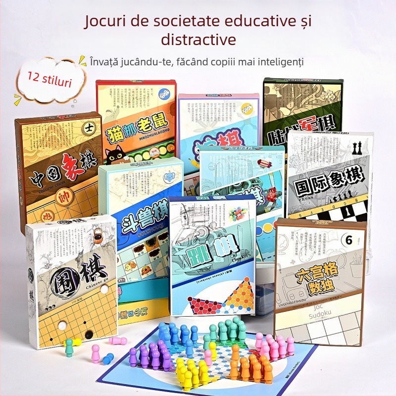 Set portabil de jocuri de masă pentru copii — Flying Checkers, Beast Chess, Șah Chinezesc, Snake Chess, Steag Militar și Go