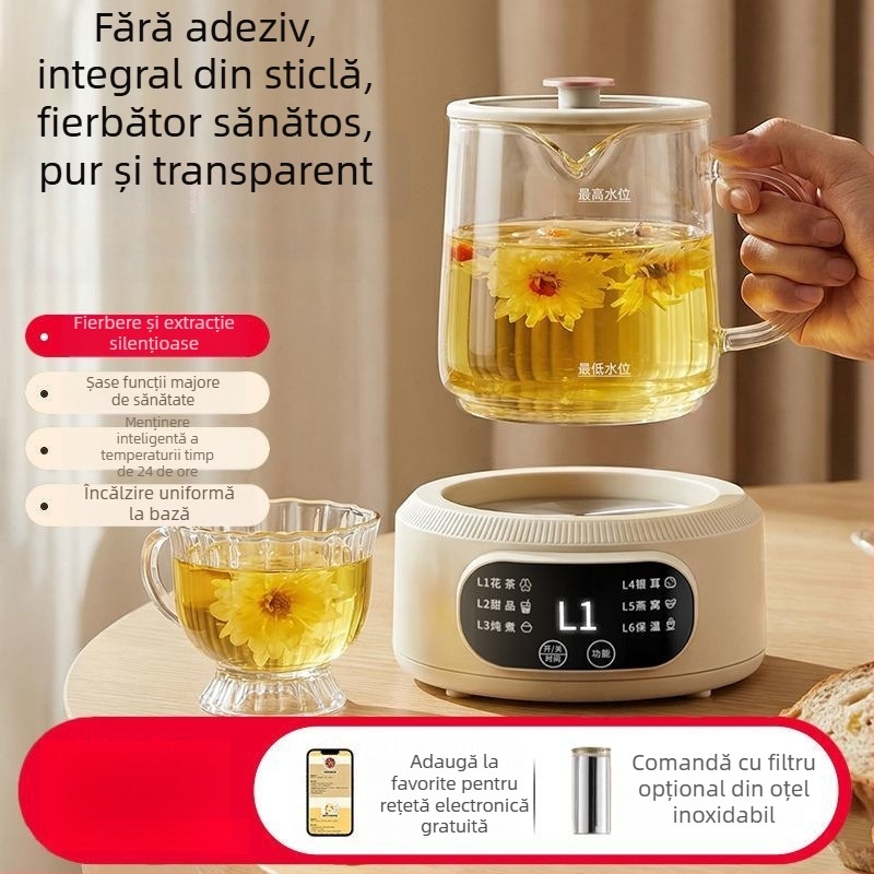 Ceainic din sticlă pentru gătit sănătos și fierbere, compact, multifuncțional, pentru casă și birou, cu controlul temperaturii