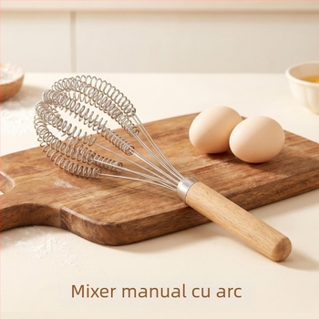 Tel de ouă din oțel inoxidabil cu arc, mâner din stejar, instrument manual de bucătărie pentru bătut crema și ouăle