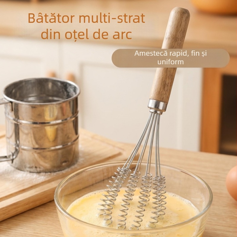 Tel de ouă din oțel inoxidabil cu arc, mâner din stejar, instrument manual de bucătărie pentru bătut crema și ouăle