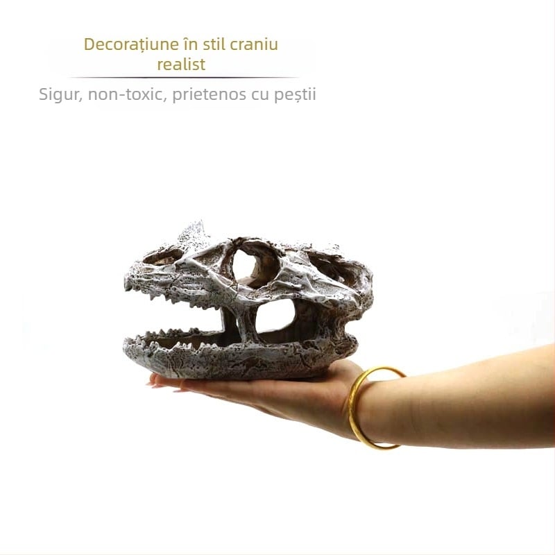 Decor pentru acvariu cu craniu de dinozaur din rășină și figură de bearded dragon