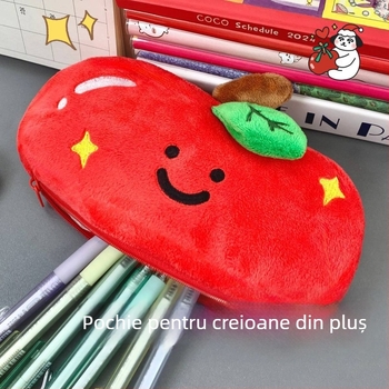 Penar plush în formă de măr roșu, capacitate mare pentru rechizite și machiaj pentru fete