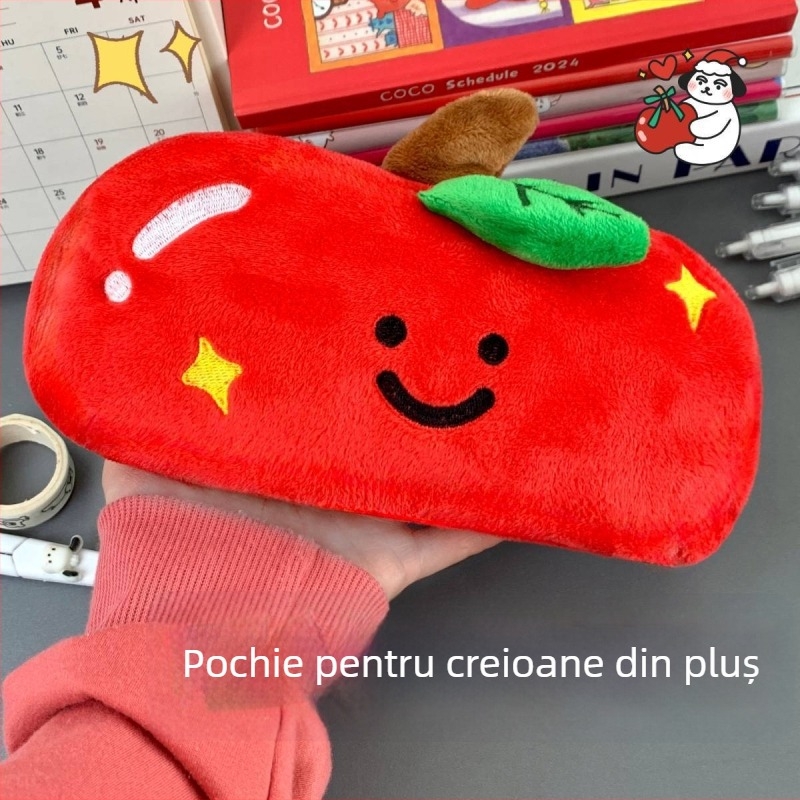 Penar plush în formă de măr roșu, capacitate mare pentru rechizite și machiaj pentru fete