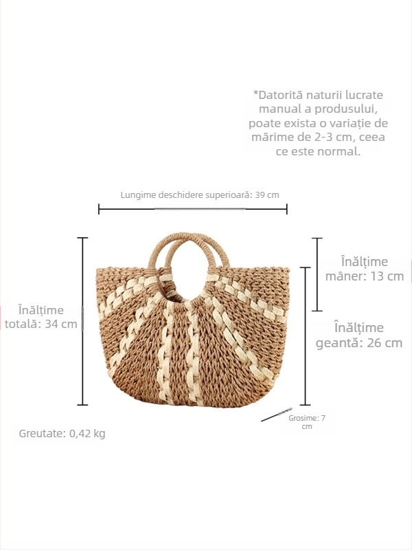 Geantă tricotată cu capacitate mare pentru vacanțe la plajă, casual și versatilă, geantă de damă din pai