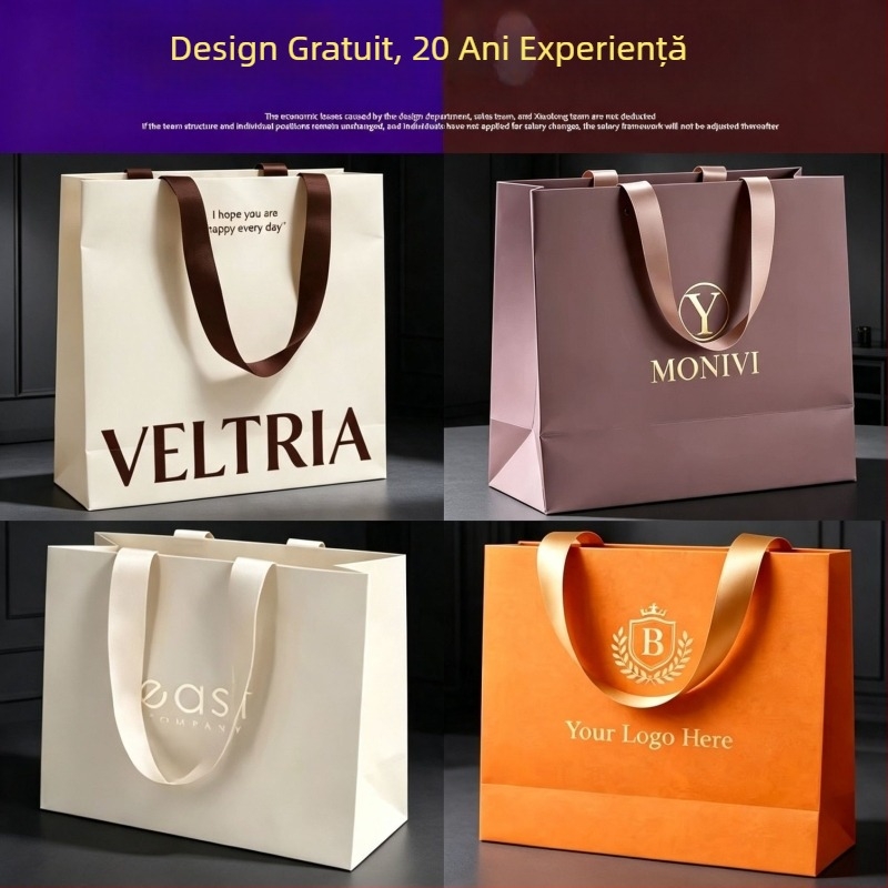 Geantă personalizată de cadouri și cumpărături cu folie aurie, sacoșă din carton alb 250 g pentru magazine de îmbrăcăminte