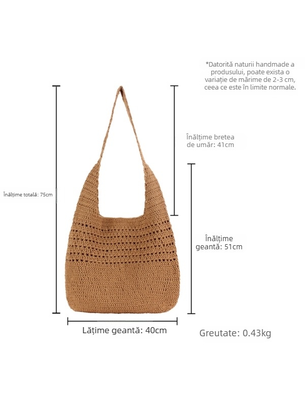 Geantă din bumbac țesut, capacitate mare, detalii perforate, curea de umăr simplă, stil plajă casual