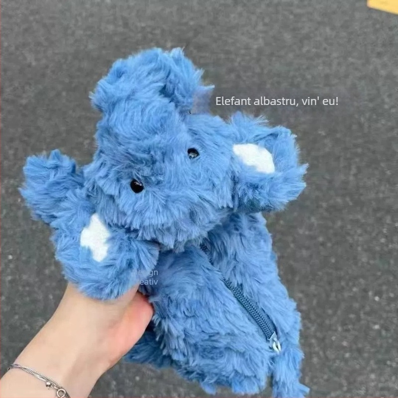 Elefant albastru din pluș, penar cu păpușă desen animat, capacitate mare, cutie ecologică pentru rechizite