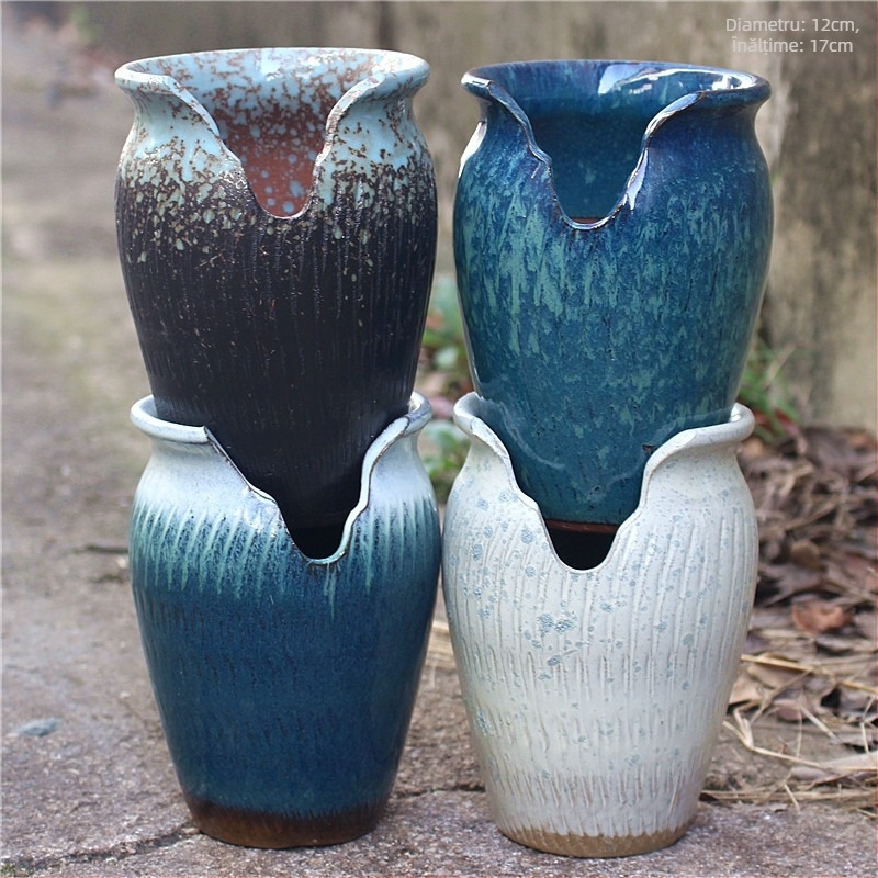 Ghiveci ceramic gros pentru flori, mare, vas subțire și înalt pentru suculente și bonsai cu trunchi vechi, decor colorat de grădină.