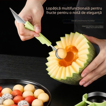 Trei în unu: separator pentru fructe din oțel inoxidabil, lingură pentru bilele de fructe și unealtă de sculptură a fructelor.