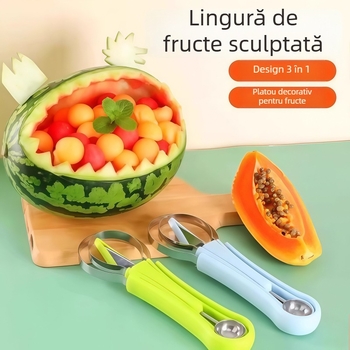 Trei în unu: separator pentru fructe din oțel inoxidabil, lingură pentru bilele de fructe și unealtă de sculptură a fructelor.