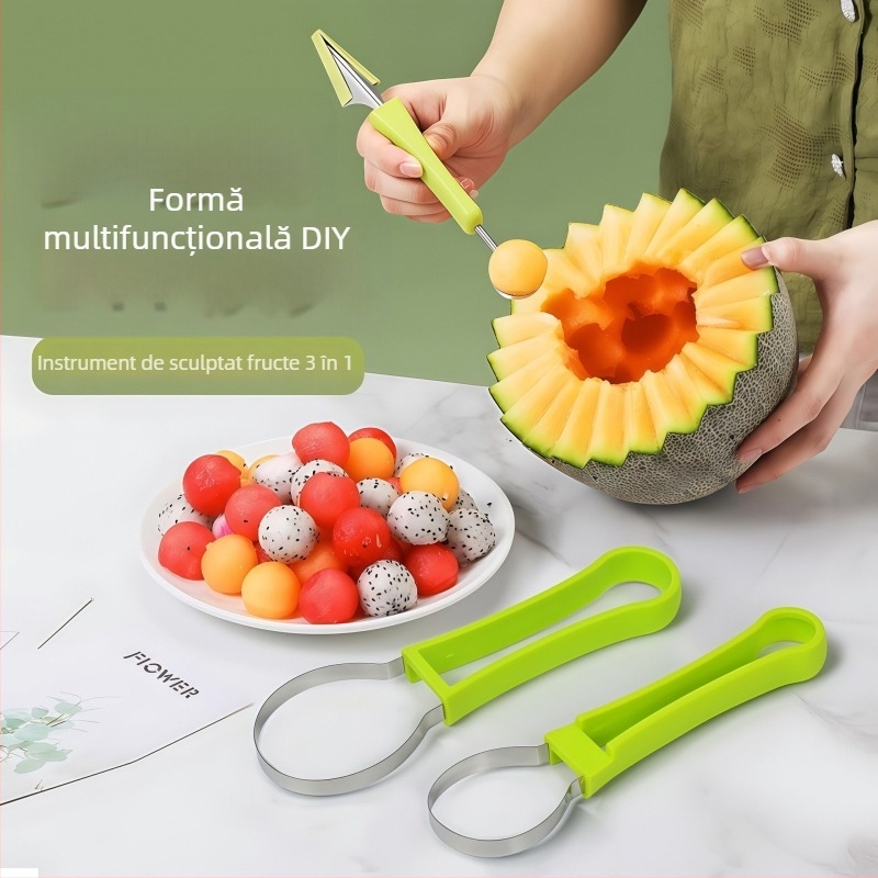 Trei în unu: separator pentru fructe din oțel inoxidabil, lingură pentru bilele de fructe și unealtă de sculptură a fructelor.
