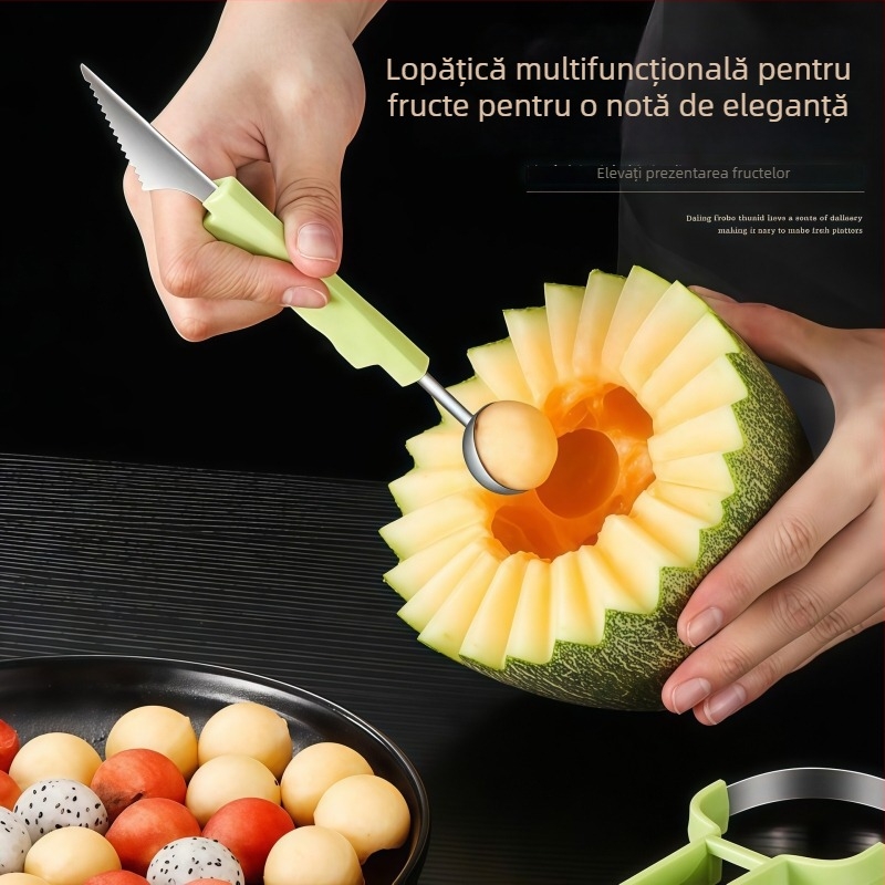 Trei în unu: separator pentru fructe din oțel inoxidabil, lingură pentru bilele de fructe și unealtă de sculptură a fructelor.