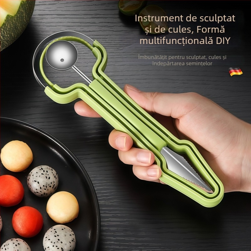 Trei în unu: separator pentru fructe din oțel inoxidabil, lingură pentru bilele de fructe și unealtă de sculptură a fructelor.