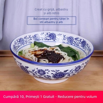 Bol de porțelan albastru-alb, mare bol din ceramică pentru supă, ramen și tăiței, stil chinezesc retro