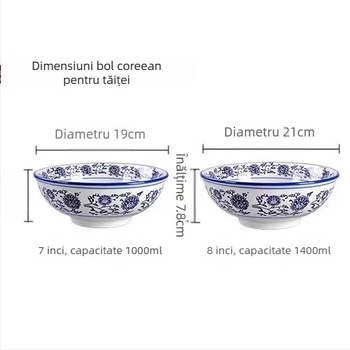 Bol de porțelan albastru-alb, mare bol din ceramică pentru supă, ramen și tăiței, stil chinezesc retro