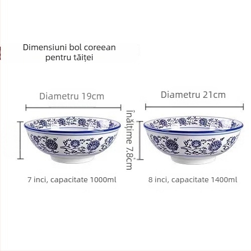 Bol de porțelan albastru-alb, mare bol din ceramică pentru supă, ramen și tăiței, stil chinezesc retro