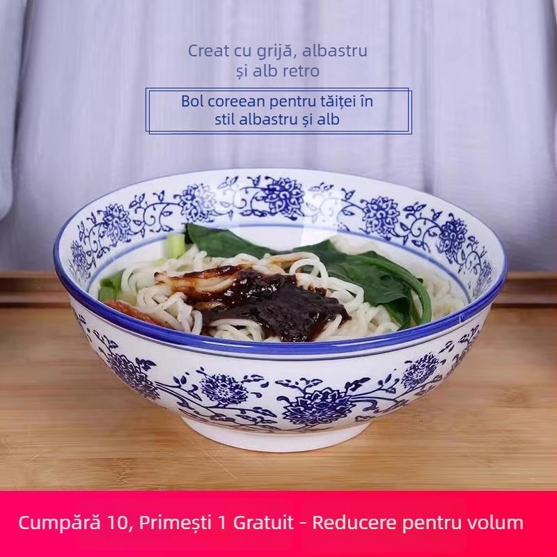 Bol de porțelan albastru-alb, mare bol din ceramică pentru supă, ramen și tăiței, stil chinezesc retro
