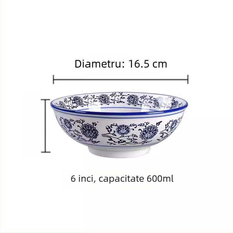 Bol de porțelan albastru-alb, mare bol din ceramică pentru supă, ramen și tăiței, stil chinezesc retro