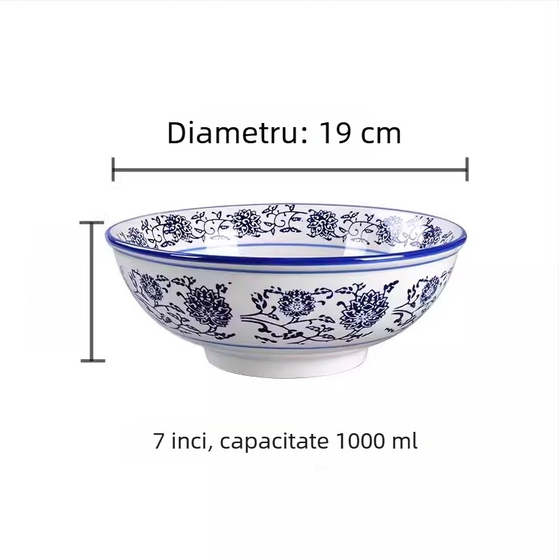 Bol de porțelan albastru-alb, mare bol din ceramică pentru supă, ramen și tăiței, stil chinezesc retro