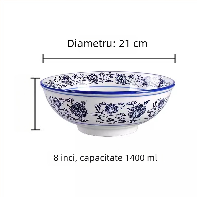 Bol de porțelan albastru-alb, mare bol din ceramică pentru supă, ramen și tăiței, stil chinezesc retro