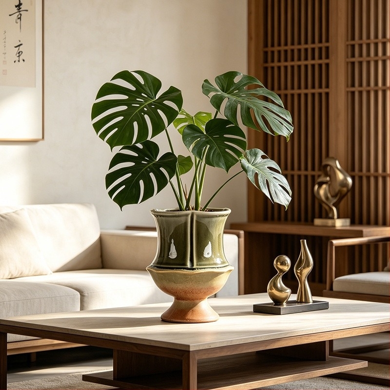 Ghiveci ceramic în stil franțuzesc, înalt, cu glazură lucioasă, design elegant, potrivit pentru Phalaenopsis și Monstera, ghiveci verde pentru decorul livingului