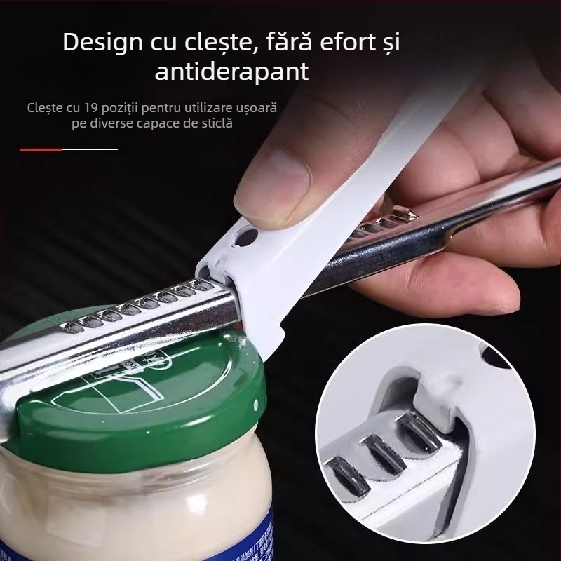 Deschizător universal pentru conserve și sticle, cu priză mai fermă pentru capace