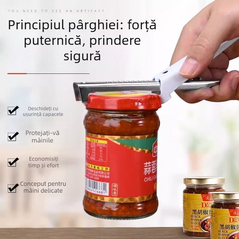 Deschizător universal pentru conserve și sticle, cu priză mai fermă pentru capace