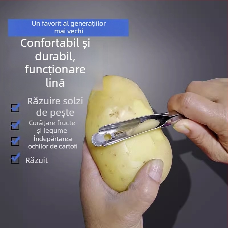 Cuțit de decojit din oțel inoxidabil, stil retro, cu curățător de solzi de pește, trei în unu pentru cartofi și fructe
