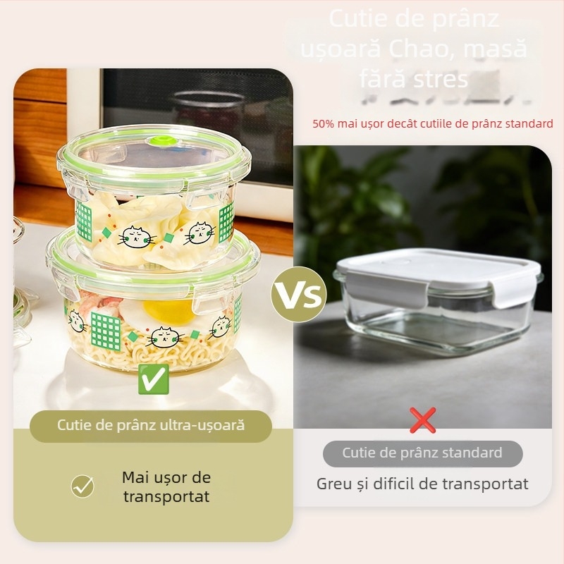 Cutie de prânz din sticlă ultra-ușoară, bol compatibil cu microunde cu capac, recipient sigilat, Bento cu fructe, bol de supă din sticlă, portabil