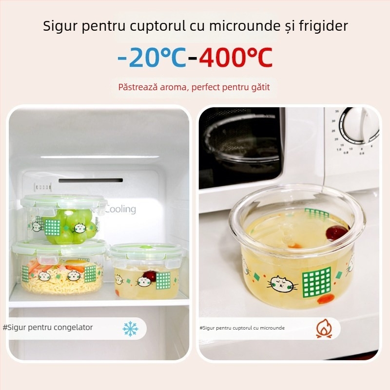 Cutie de prânz din sticlă ultra-ușoară, bol compatibil cu microunde cu capac, recipient sigilat, Bento cu fructe, bol de supă din sticlă, portabil