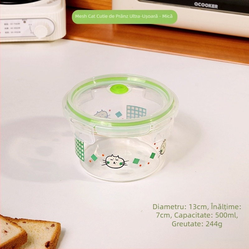 Cutie de prânz din sticlă ultra-ușoară, bol compatibil cu microunde cu capac, recipient sigilat, Bento cu fructe, bol de supă din sticlă, portabil