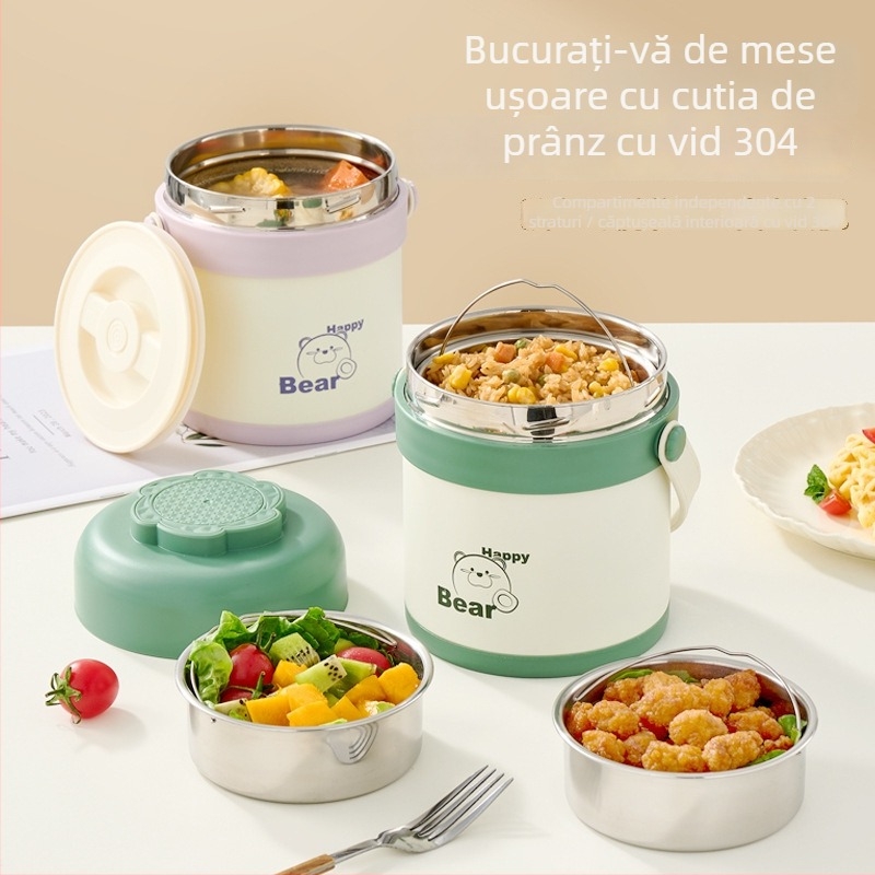 Cutie de prânz izolată, din oțel inox 304, portabilă, dublu compartiment, 1–2 L, oală/bol pentru supă