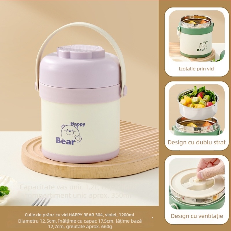 Cutie de prânz izolată, din oțel inox 304, portabilă, dublu compartiment, 1–2 L, oală/bol pentru supă