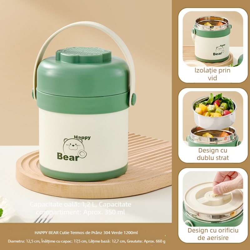 Cutie de prânz izolată, din oțel inox 304, portabilă, dublu compartiment, 1–2 L, oală/bol pentru supă