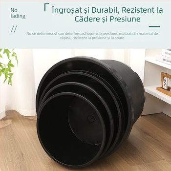 Ghiveci din plastic dur negru, gură rotundă, capacitate mare pentru pomi fructiferi, design rustic îngroșat, variante în mai multe dimensiuni