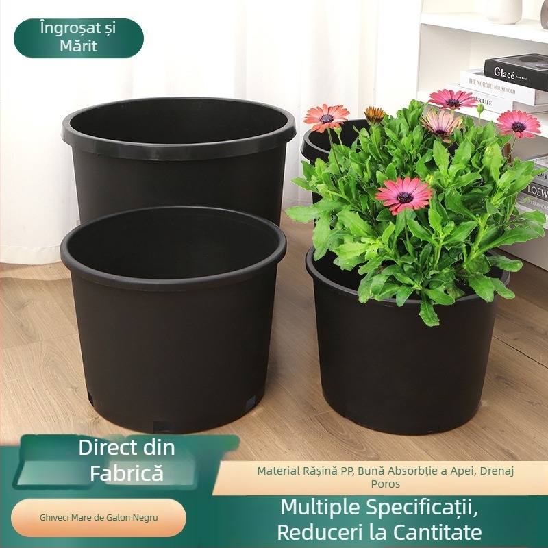 Ghiveci din plastic dur negru, gură rotundă, capacitate mare pentru pomi fructiferi, design rustic îngroșat, variante în mai multe dimensiuni